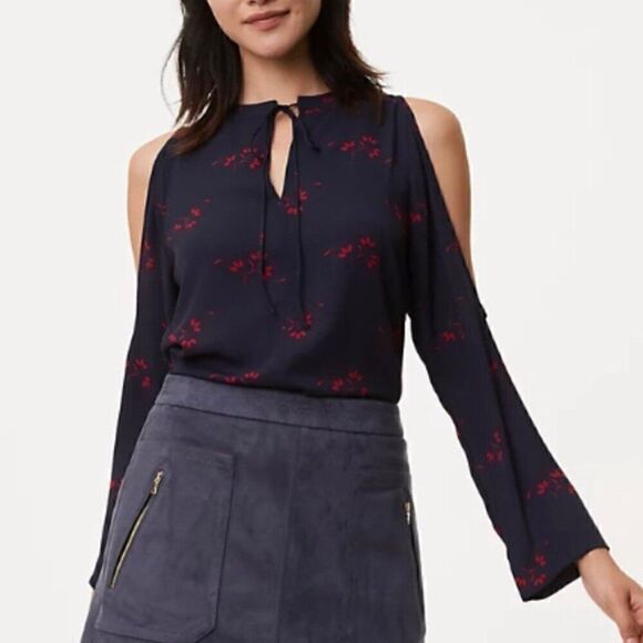 Loft Navy Blue Red Leaf Print Tie Neck Cold Shoulder Long Sleeve Top Medium - Picture 1 of 12